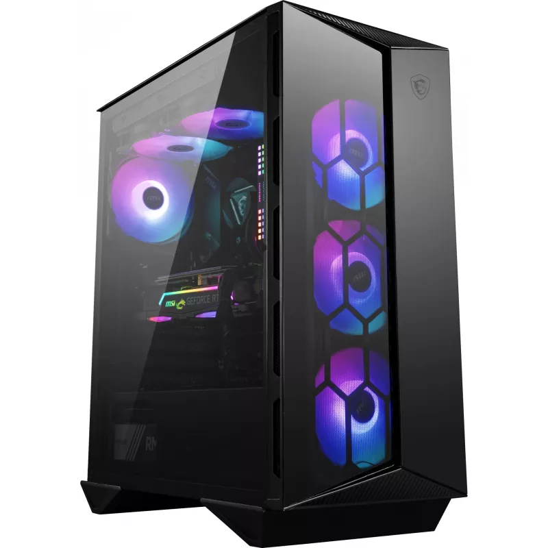 Caixa de computador gaming MSI MPG GUNGNIR 110R Mid Tower preta, USB 3.2 Gen2 Type C, 4x ventoinha ARGB 120mm, Mystic Light Sync, placa de controlo ARGB 1 para 6, 2x painéis de vidro temperado, ATX, mATX, mini-ITX