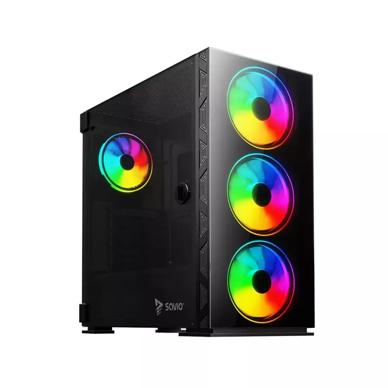 Caixa de PC SAVIO Prime X1 ARGB vidro Midi Tower preta – vidro temperado, ventoinha ARGB, suporte micro ATX/ATX
