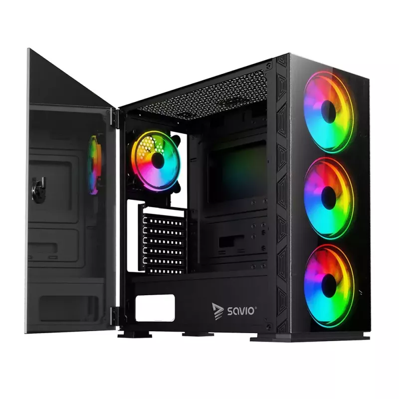 Caixa de PC SAVIO Prime X1 ARGB vidro Midi Tower preta – vidro temperado, ventoinha ARGB, suporte micro ATX/ATX