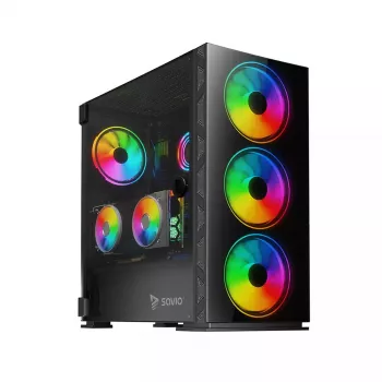 Caixa de PC SAVIO Prime X1 ARGB vidro Midi Tower preta – vidro temperado, ventoinha ARGB, suporte micro ATX/ATX
