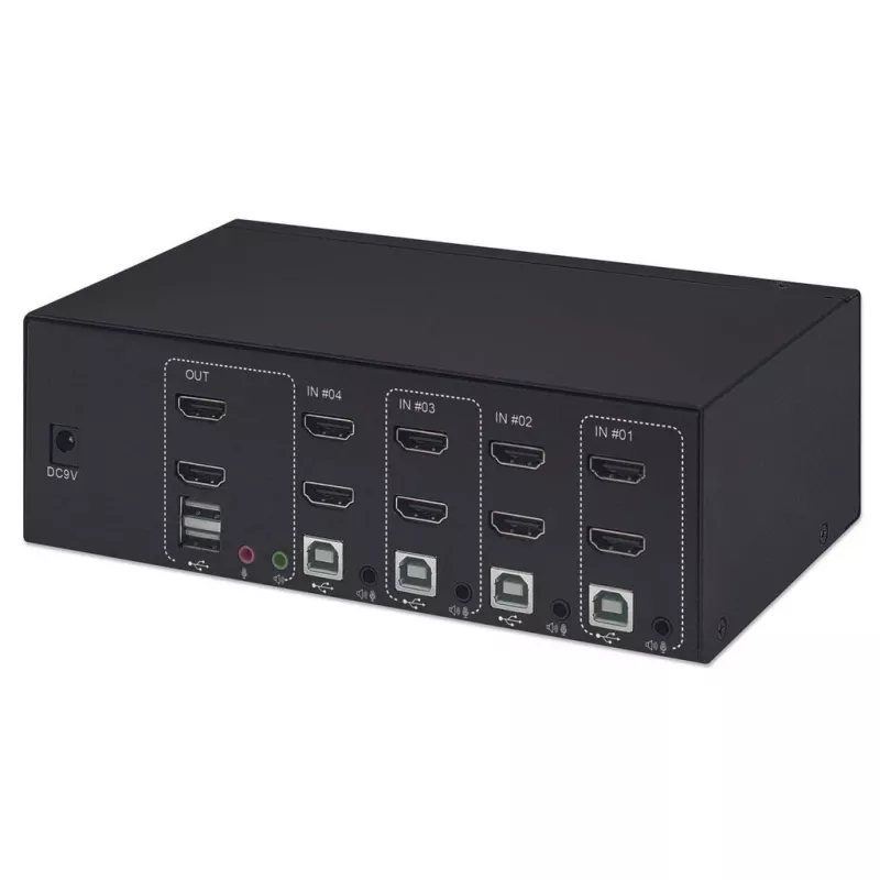 Comutador KVM Manhattan 4 portas 4K@30Hz USB-A áudio microfone