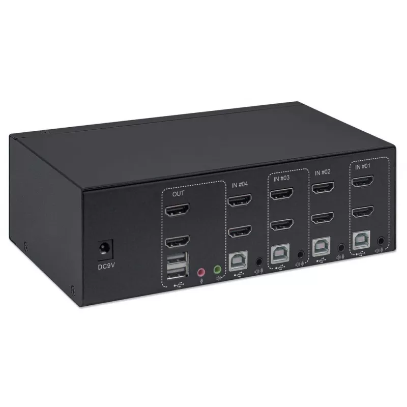 Comutador KVM Manhattan 4 portas 4K@30Hz USB-A áudio microfone