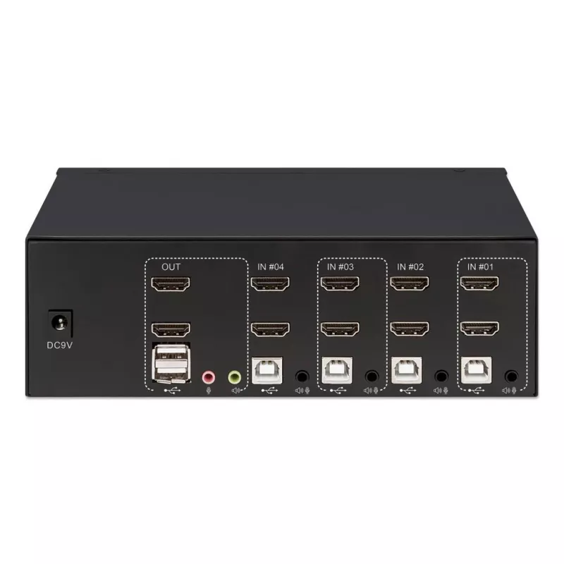 Comutador KVM Manhattan 4 portas 4K@30Hz USB-A áudio microfone