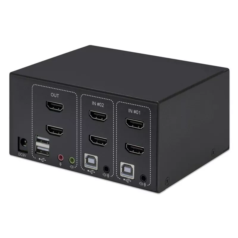 Comutador KVM Manhattan 2 portas 4K HDMI USB áudio controlo de 2 computadores