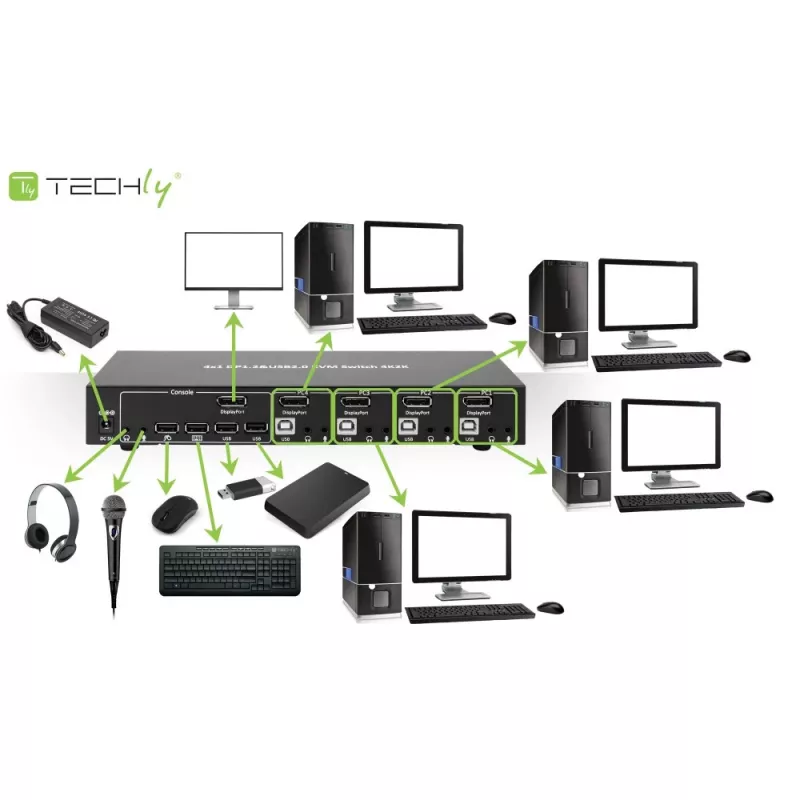 Comutador KVM Techly IDATA DP-KVM4 montagem em rack preto
