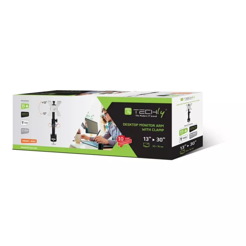 Techly ICA-LCD 500BK suporte de secretária para monitor 13–30 polegadas (76,2 cm), até 15 kg, VESA 75x75/100x100, preto