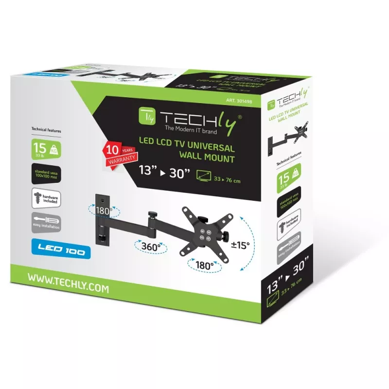 Suporte de parede Techly 13-30 polegadas para TV LED-LCD inclinável 3 articulações preto ICA-LCD 104BK