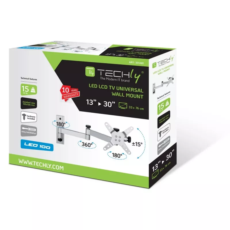 Techly ICA-LCD 104 suporte de parede para LCD 13–30 polegadas, 3 articulações, inclinável e giratório, até 15 kg, VESA 75x75/100x100, prateado