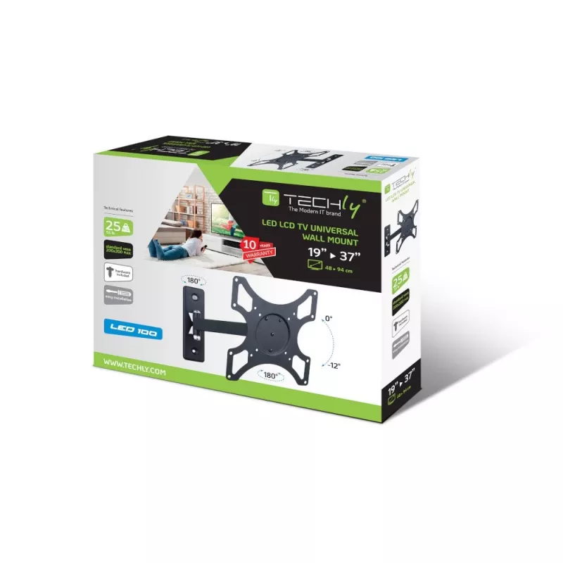 Techly ICA-LCD 2901 suporte de parede para TV LCD 13–37 polegadas, inclinável e giratório, até 25 kg, VESA 75x75–200x200, preto