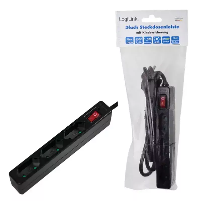 Extensão elétrica LogiLink LPS230B 1,5 m 3 tomadas com contacto de proteção preto