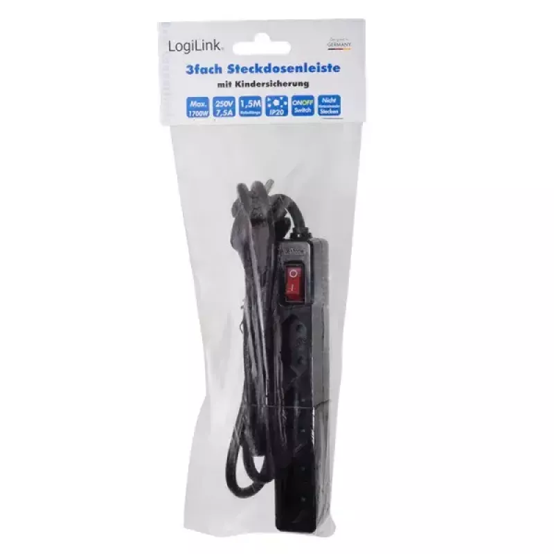 Extensão elétrica LogiLink LPS230B 1,5 m 3 tomadas com contacto de proteção preto