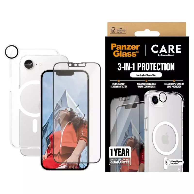 PanzerGlass CARE by ® Flagship conjunto 3-em-1 iPhone 16e resistente a riscos e choques