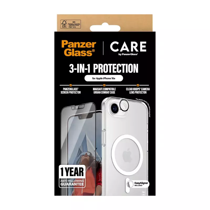 PanzerGlass CARE by ® Flagship conjunto 3-em-1 iPhone 16e resistente a riscos e choques