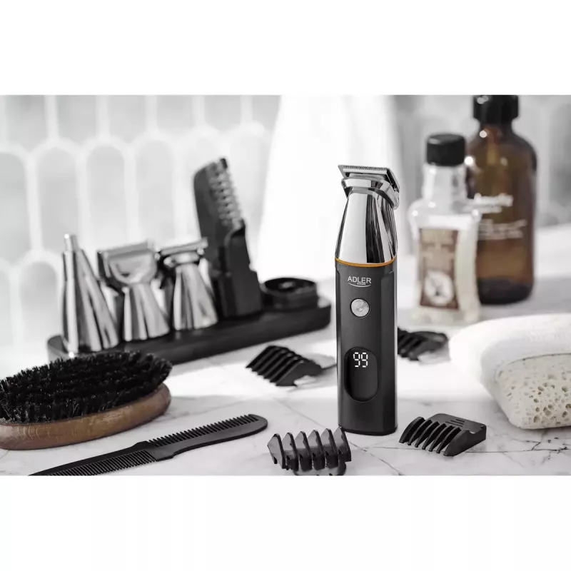 Conjunto de cuidados elétrico Adler AD 2946 – aparador de barba 5-em-1 sem fios para homem, 4 níveis de comprimento, 60 min. de autonomia, preto/aço inoxidável