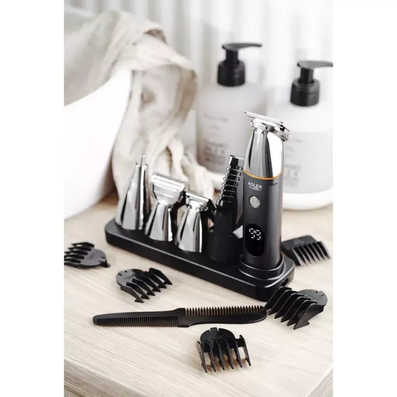 Conjunto de cuidados elétrico Adler AD 2946 – aparador de barba 5-em-1 sem fios para homem, 4 níveis de comprimento, 60 min. de autonomia, preto/aço inoxidável