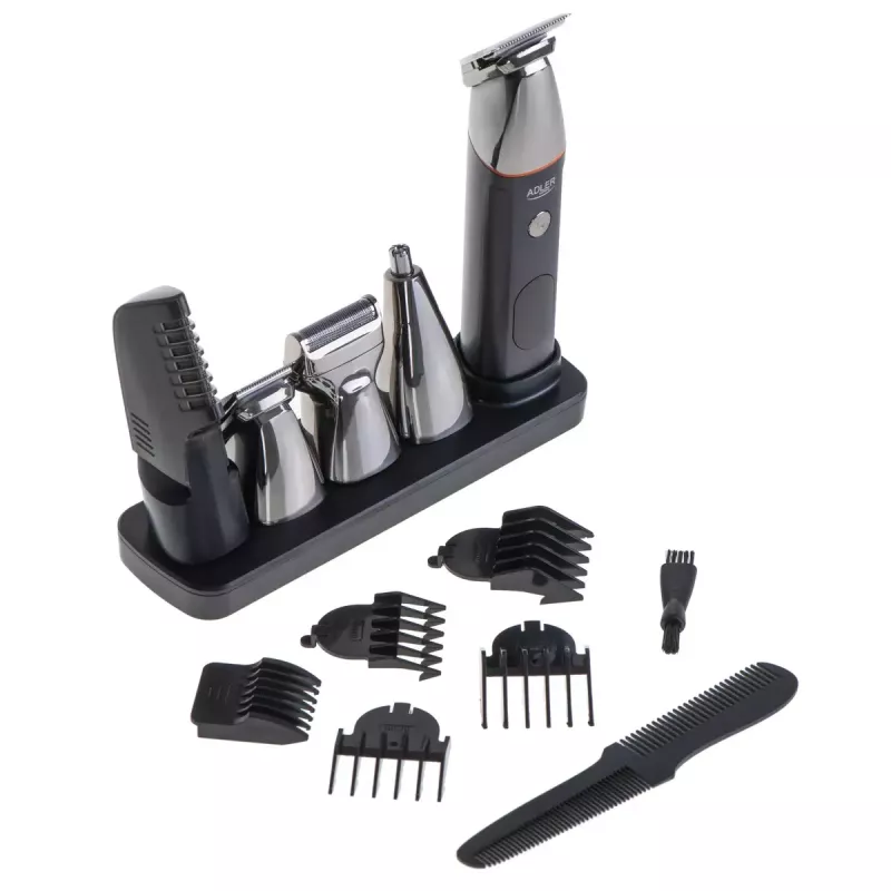 Conjunto de cuidados elétrico Adler AD 2946 – aparador de barba 5-em-1 sem fios para homem, 4 níveis de comprimento, 60 min. de autonomia, preto/aço inoxidável