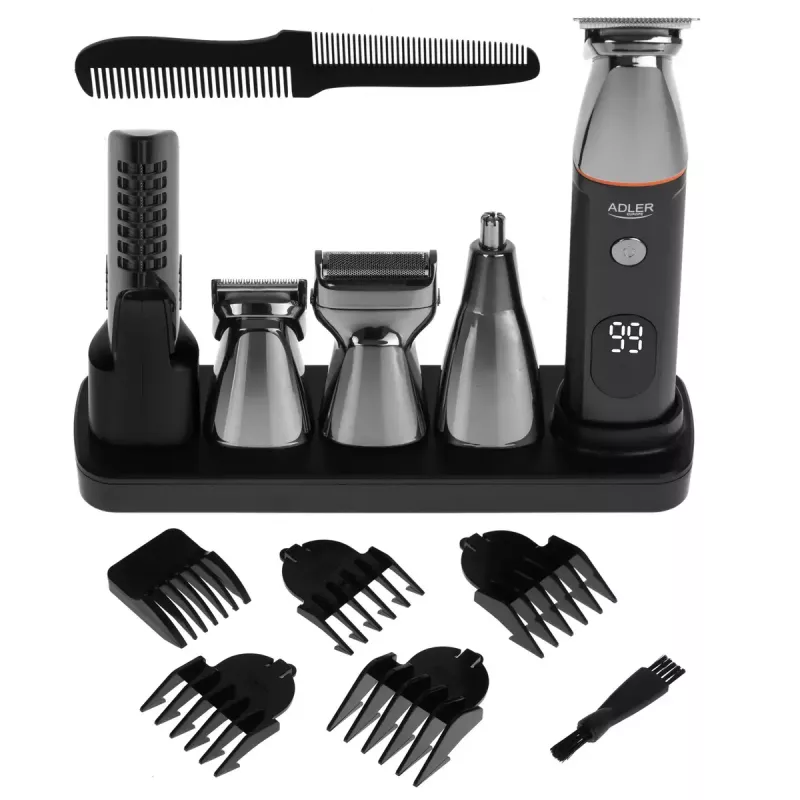 Conjunto de cuidados elétrico Adler AD 2946 – aparador de barba 5-em-1 sem fios para homem, 4 níveis de comprimento, 60 min. de autonomia, preto/aço inoxidável