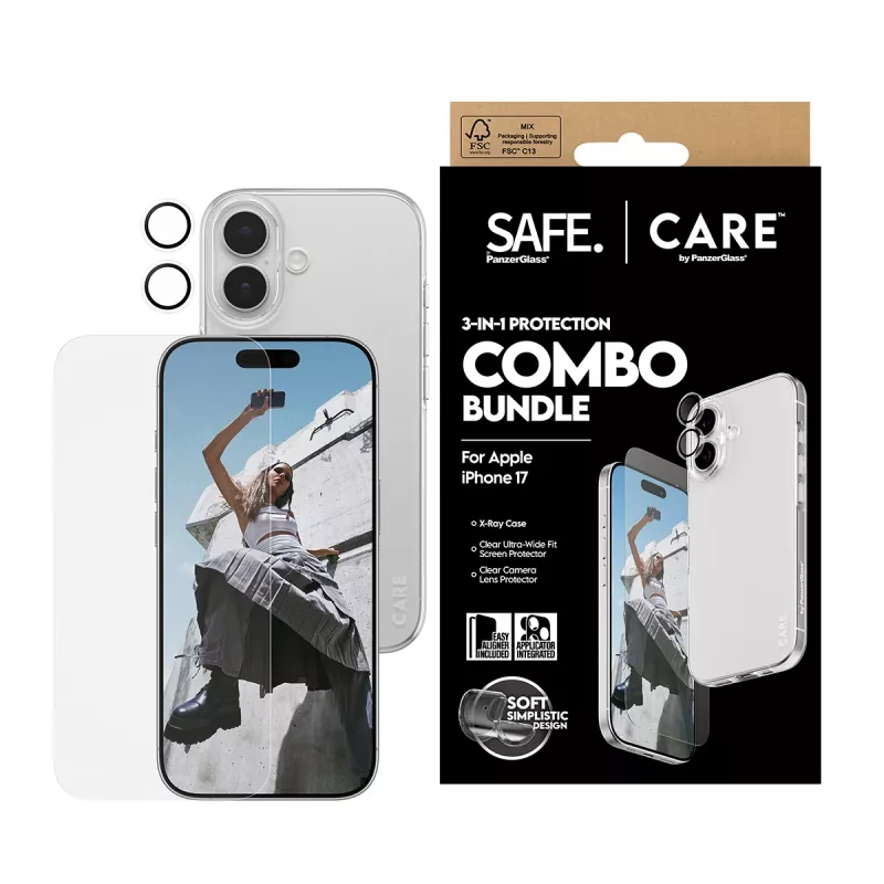 PanzerGlass combo 3-em-1 para iPhone 17 – proteção de ecrã, proteção de lentes da câmara e capa