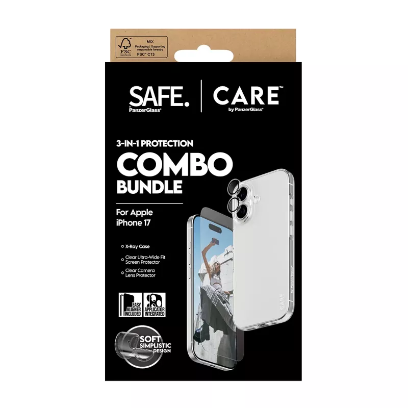 PanzerGlass combo 3-em-1 para iPhone 17 – proteção de ecrã, proteção de lentes da câmara e capa