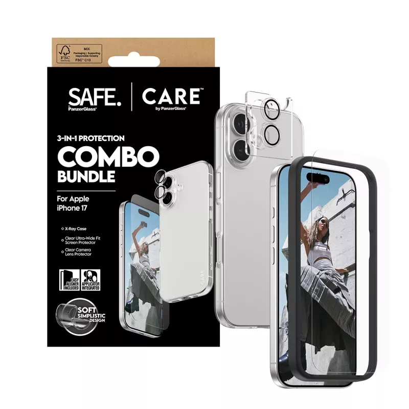 PanzerGlass combo 3-em-1 para iPhone 17 – proteção de ecrã, proteção de lentes da câmara e capa