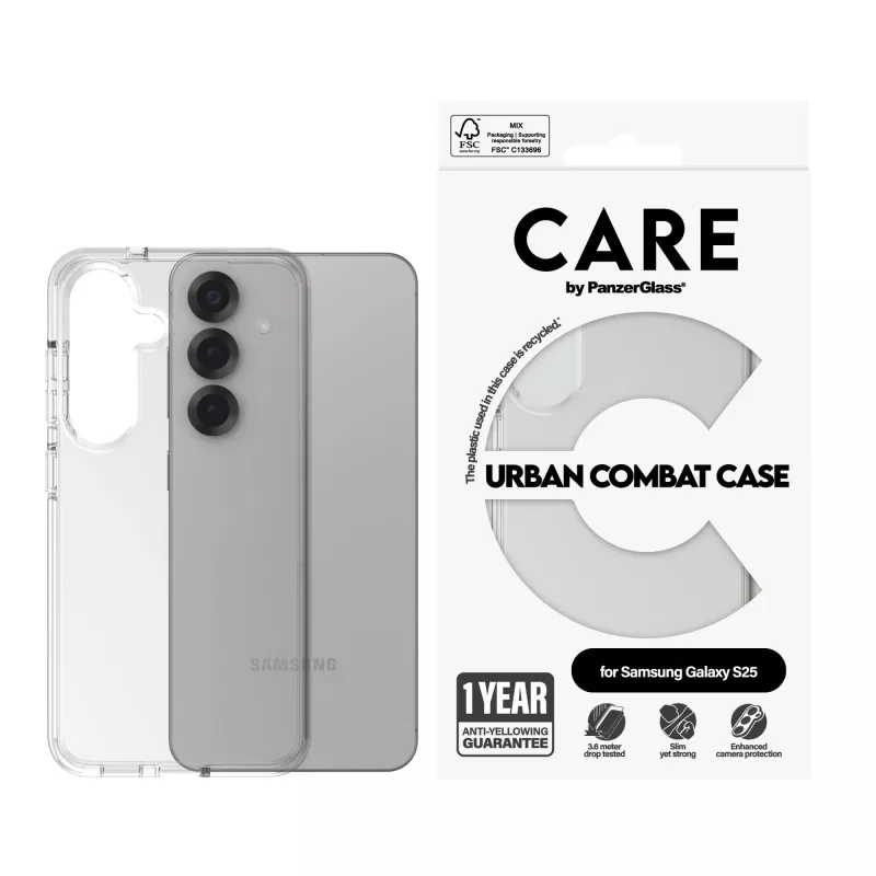 PanzerGlass capa Samsung Galaxy S25, transparente, Urban Combat com moldura transparente