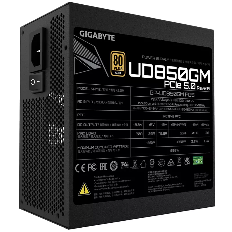 Fonte de alimentação GIGABYTE UD850GM PG5 V2 - PCIe Gen 5.1, 80 PLUS Gold, construção totalmente modular, ventoinha 120mm, compatível ATX 3.1, ficha EU