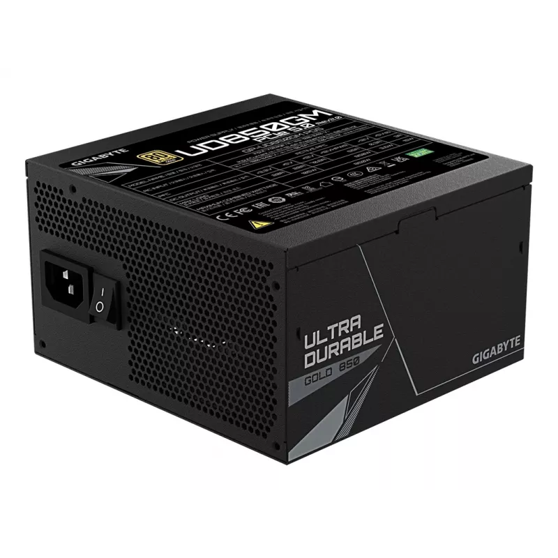 Fonte de alimentação GIGABYTE UD850GM PG5 V2 - PCIe Gen 5.1, 80 PLUS Gold, construção totalmente modular, ventoinha 120mm, compatível ATX 3.1, ficha EU