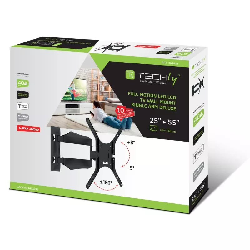 Techly ICA-PLB 271M suporte de parede para TV 25-52 polegadas, giratório e inclinável, fino, 40 kg, preto