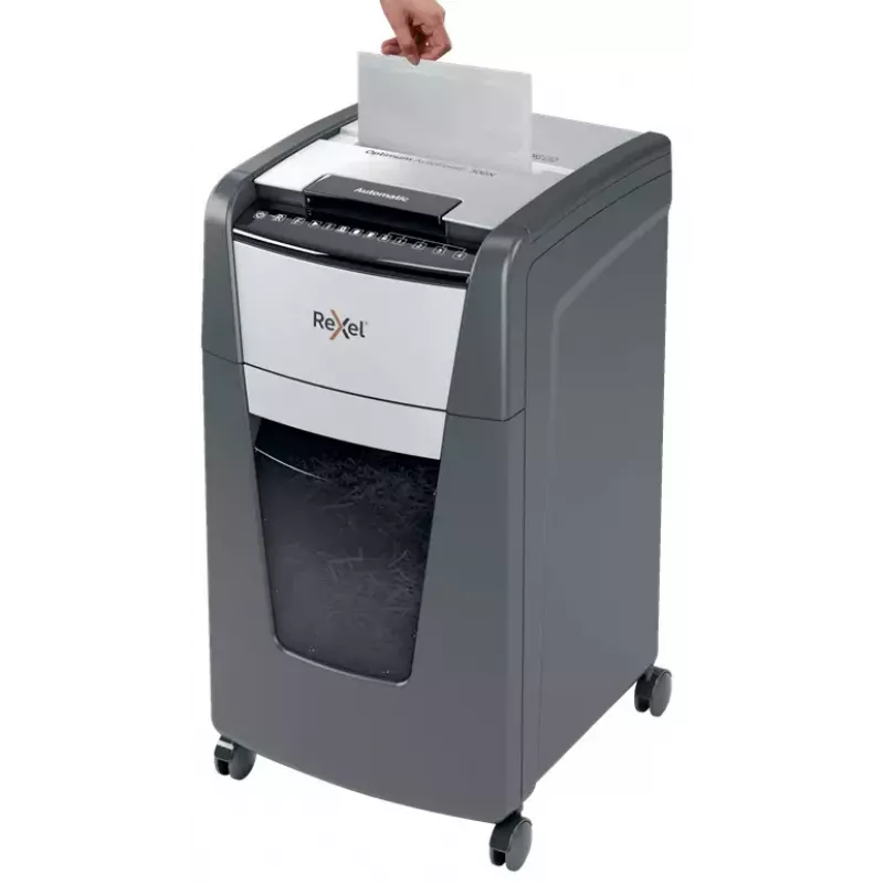 Destruidora de papel Rexel Optimum Auto+ 300M corte micro 55 dB 23 cm preto, cinzento