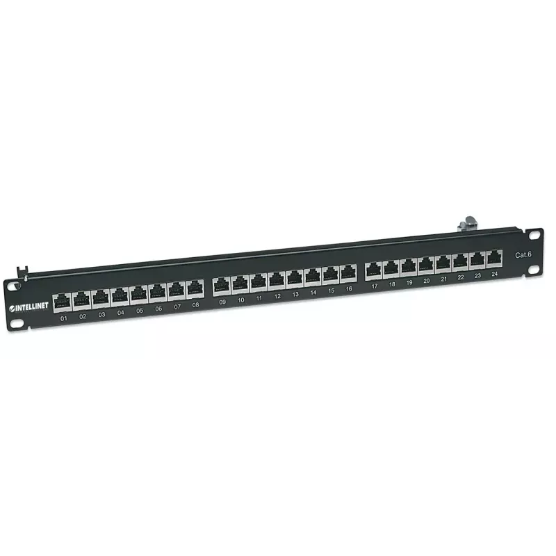 Patch panel Intellinet, Cat6, FTP, 24 portas, 1U, blindado, barras LSA 90° Top-Entry, preto
