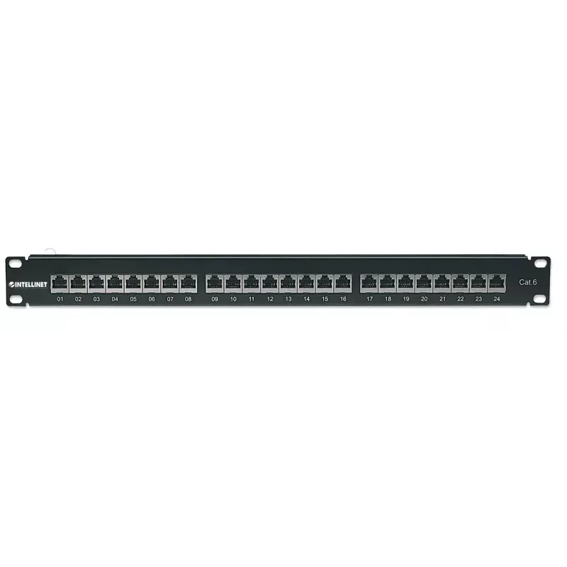 Patch panel Intellinet, Cat6, FTP, 24 portas, 1U, blindado, barras LSA 90° Top-Entry, preto