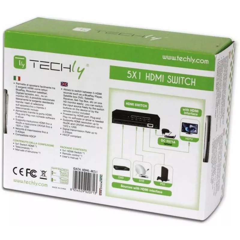 Switch HDMI Techly 5 IN 1 OUT com comando, 4Kx2K, 3D IDATA HDMI-4K51