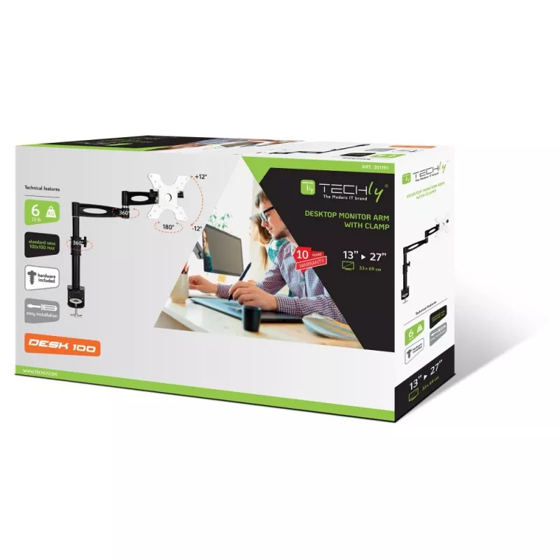 Suporte de mesa Techly 13-27 polegadas para monitor braço longo inclinável ICA-LCD 502BK