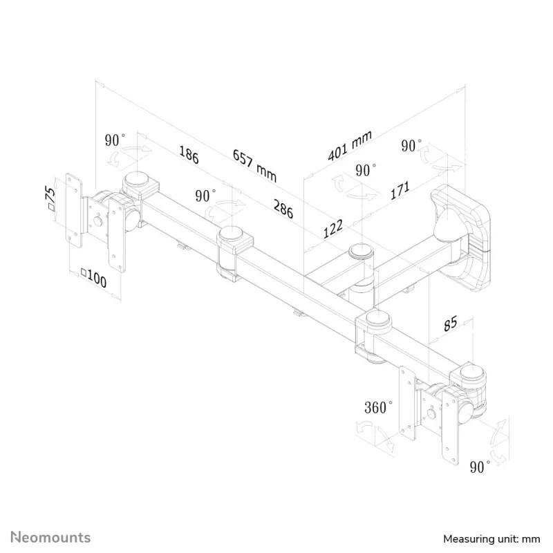 Suporte de parede Neomounts FPMA-W960D para monitor duplo/TV 10-27 polegadas – totalmente articulado