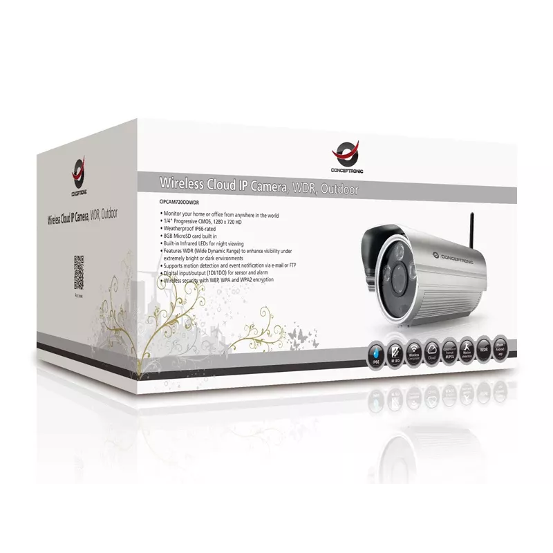 Conceptronic CIPCAM720ODWDR câmara IP cloud sem fios, para exterior, cilíndrica, 720p HD, WDR, IP66, IR até 50 m, microSD de 8 GB