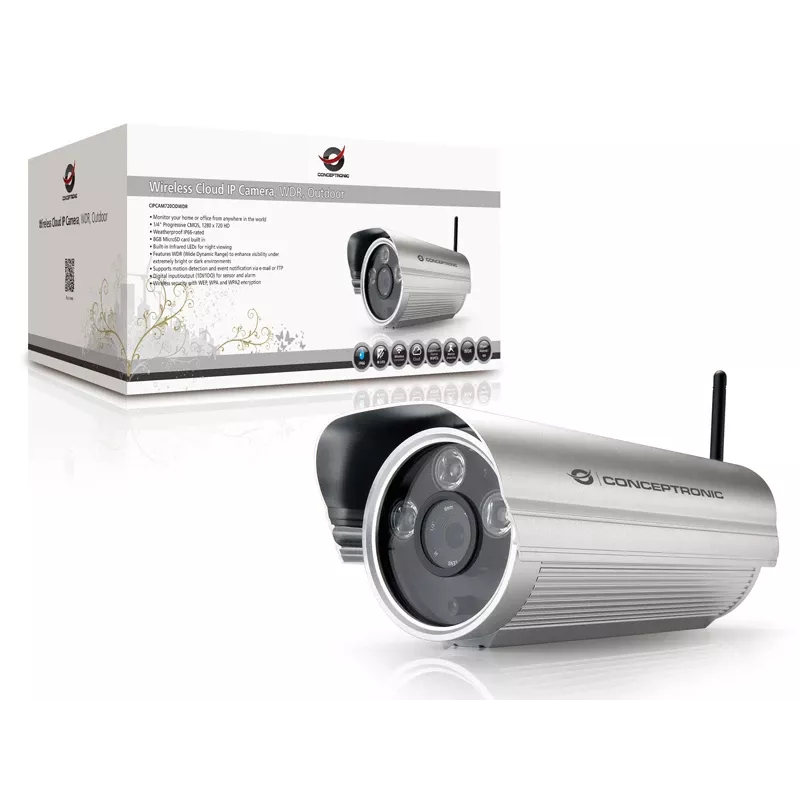 Conceptronic CIPCAM720ODWDR câmara IP cloud sem fios, para exterior, cilíndrica, 720p HD, WDR, IP66, IR até 50 m, microSD de 8 GB