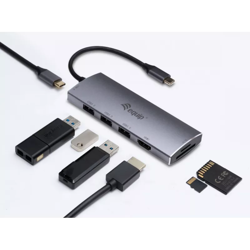 Equip 133482 adaptador multifunções USB-C 7 em 1, USB 3.2 Gen 1, HDMI 4K 30 Hz, 3x USB 3.0, SD/microSD, USB-C PD 100 W, alumínio