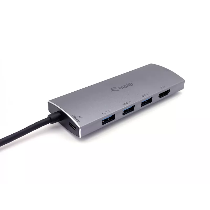 Equip 133482 adaptador multifunções USB-C 7 em 1, USB 3.2 Gen 1, HDMI 4K 30 Hz, 3x USB 3.0, SD/microSD, USB-C PD 100 W, alumínio
