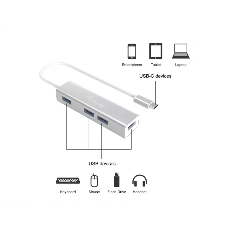 Equip 128958 hub USB-C para 4 portas USB 3.0, USB 3.2 Gen 1, USB Type-A, 5 Gbps