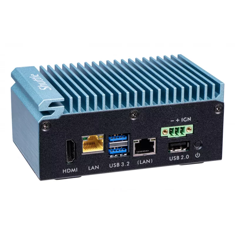 Shuttle Edge PC SPCEL02, Intel Celeron J6412, 1x HDMI, 2x 2.5G LAN, 1x COM, DIO (4x in, 4x out), 3x USB, 2x M.2, 12-24V, funcionamento contínuo 24/7, sem ventoinha, incl. suporte VESA e para calha DIN