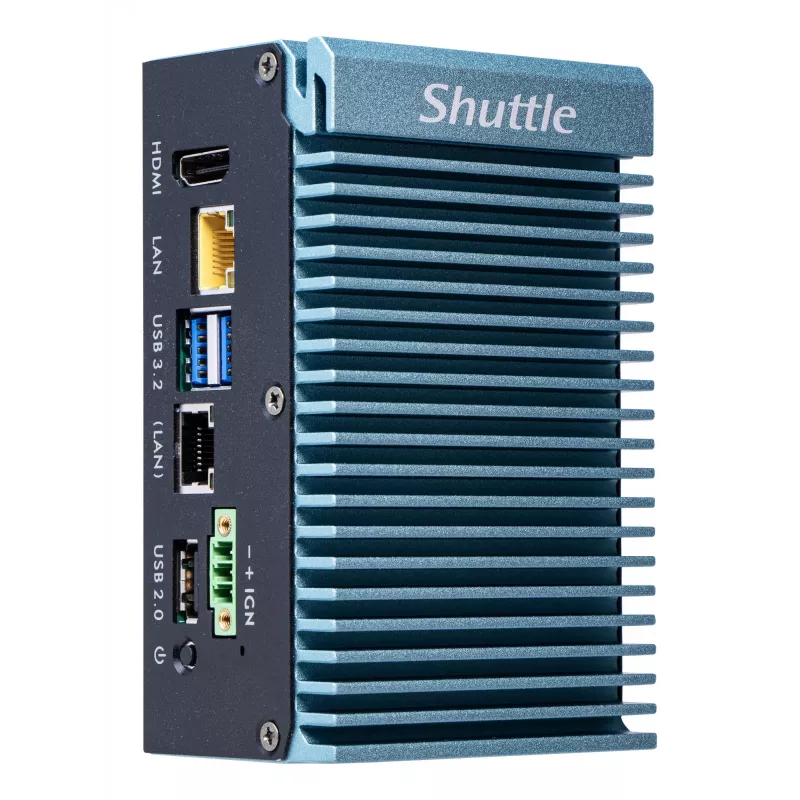 Shuttle Edge PC SPCEL02, Intel Celeron J6412, 1x HDMI, 2x 2.5G LAN, 1x COM, DIO (4x in, 4x out), 3x USB, 2x M.2, 12-24V, funcionamento contínuo 24/7, sem ventoinha, incl. suporte VESA e para calha DIN