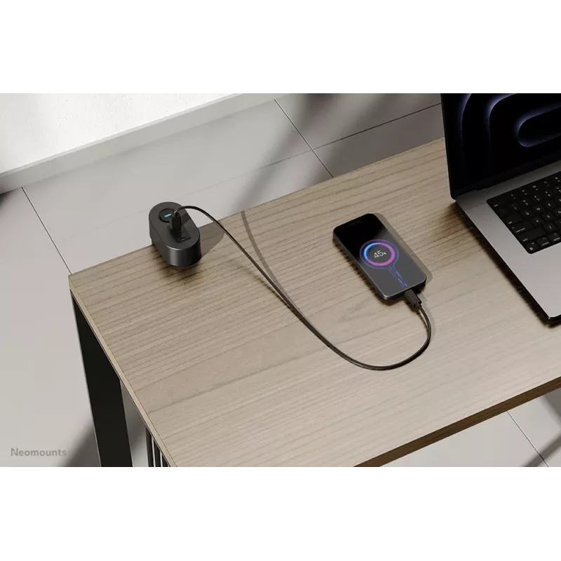 Neomounts DS22-840BL6 Tomada de secretária com grampo e ligações USB-C e USB-A – carregamento rápido