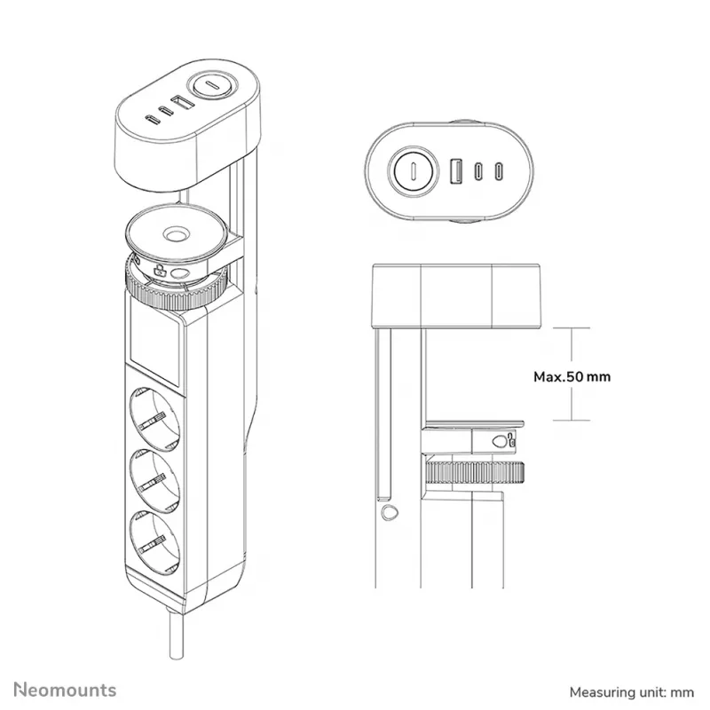 Neomounts DS22-840BL6 Tomada de secretária com grampo e ligações USB-C e USB-A – carregamento rápido