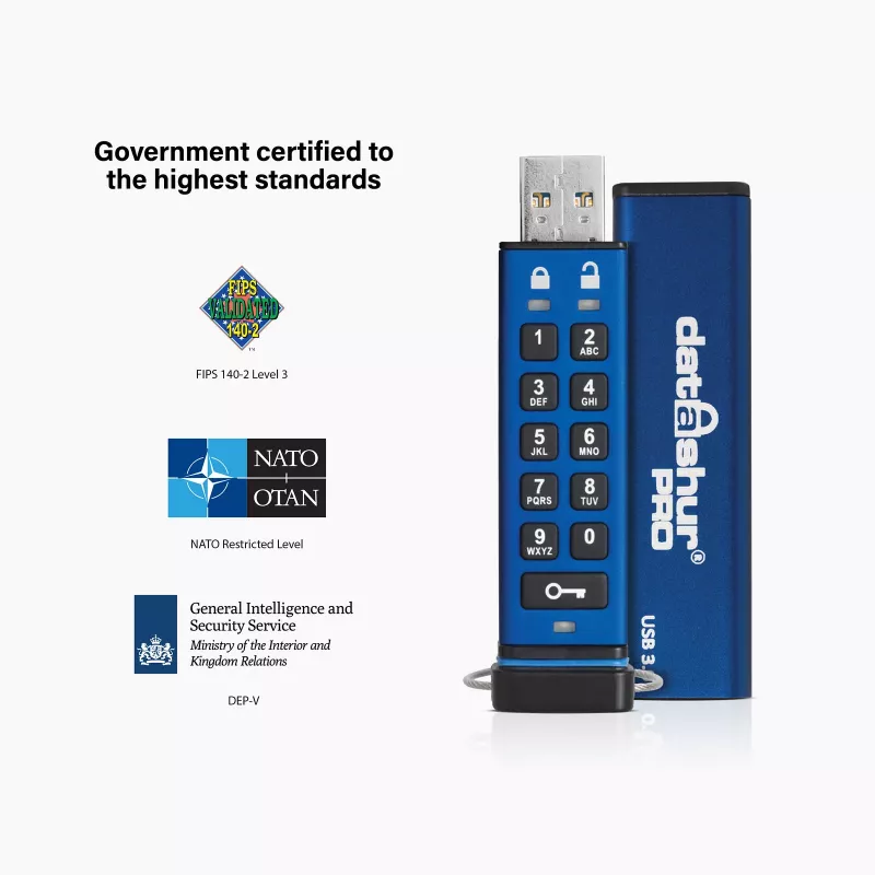 iStorage datAshur PRO 64 GB | Pen USB segura | Certificada FIPS 140-2 Nível 3 | Certificada NLNCSA DEP-V | Certificada NATO Restricted | Encriptação de hardware AES-XTS 256 bits | Protegida por PIN | Resistente a pó/água