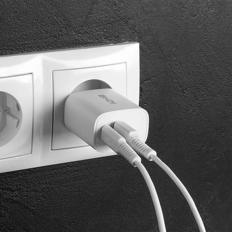 Lindy 73413 carregador USB-A e USB-C, 20 W, Power Delivery, 100–240 V, branco
