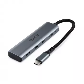 Hub Lindy 4 portas USB 3.2 Gen 2 Type-C, USB 3.2 Gen 2 (3.1 Gen 2) Type-C, USB 3.2 Gen 2 (3.1 Gen 2) Type-C, 10000 Mbit/s, cinzento, alumínio, plástico, cabo redondo