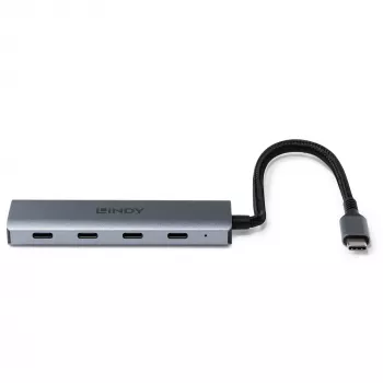 Hub Lindy 4 portas USB 3.2 Gen 2 Type-C, USB 3.2 Gen 2 (3.1 Gen 2) Type-C, USB 3.2 Gen 2 (3.1 Gen 2) Type-C, 10000 Mbit/s, cinzento, alumínio, plástico, cabo redondo