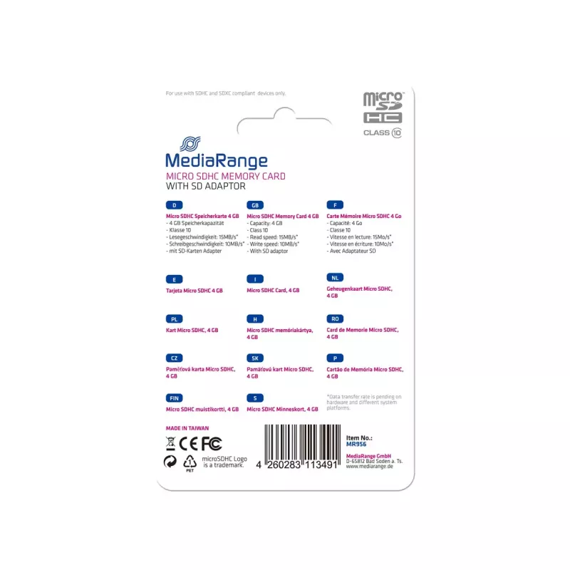 Cartão de memória MediaRange 4 GB MicroSDHC Class 10 MR956