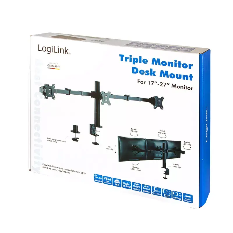 LogiLink BP0107 suporte de secretária para três monitores, 17-27 polegadas, 7 kg por braço, VESA 75x75/100x100, aço, preto