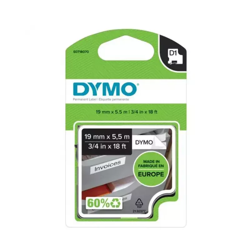 Fita de etiquetas DYMO D1 Durable preto sobre branco 19mm